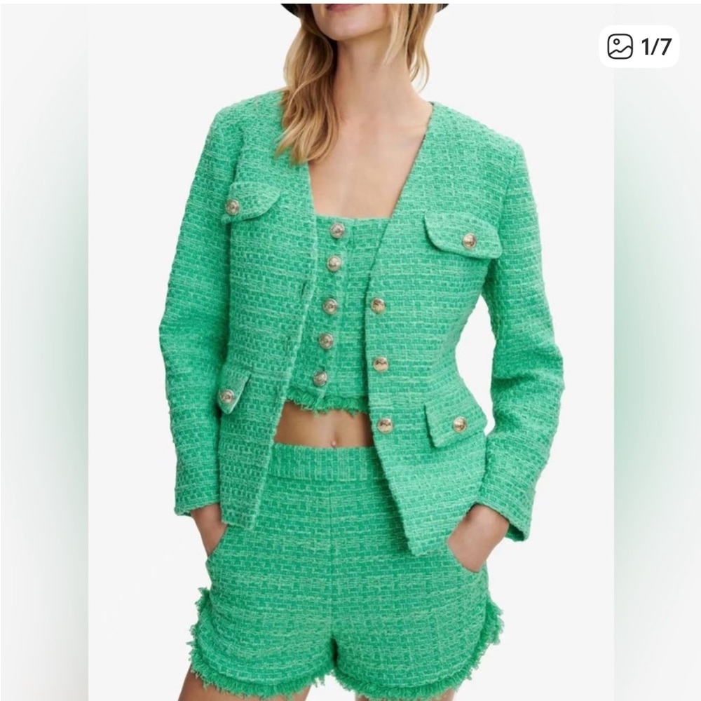 Maje Vivete V Neck Tweed Fitted Blazer in Green Silver Buttons Size 38 Current!